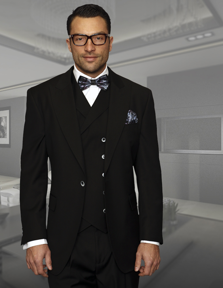 STATEMENT BELLAGIO-20 BLACK, 4 PC FANCY SUIT WITH MATCHING BOW TIE, MODERN  FIT, WOOL ITALY